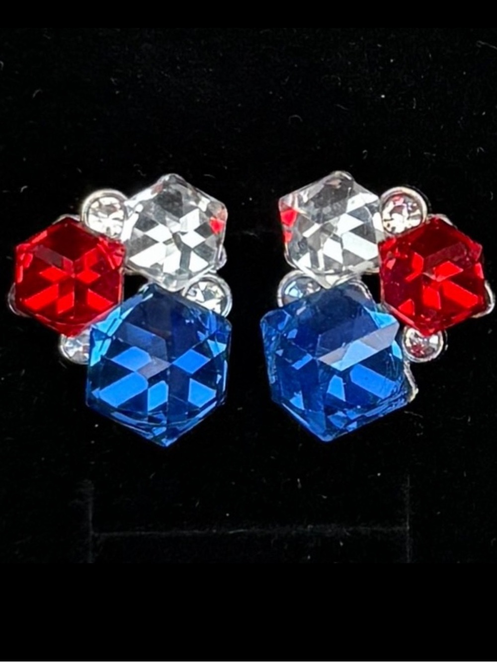Custom, red, clear and blue pierced bling earrings